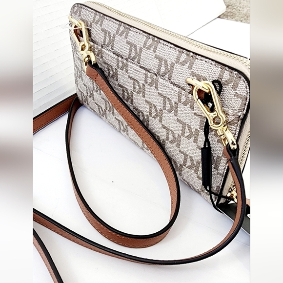 Karl Lagerfeld Monogram Brown Leather Wristlet Taupe Women's Crossbody - Picture 10 of 13